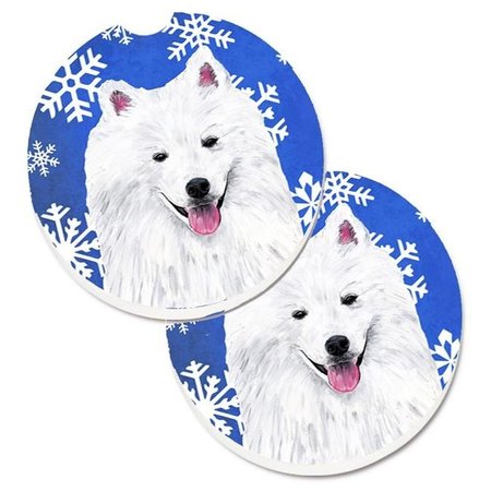 CAROLINES TREASURES Carolines Treasures SC9379CARC American Eskimo Winter Snowflakes Holiday Set of 2 Cup Holder Car Coaster SC9379CARC